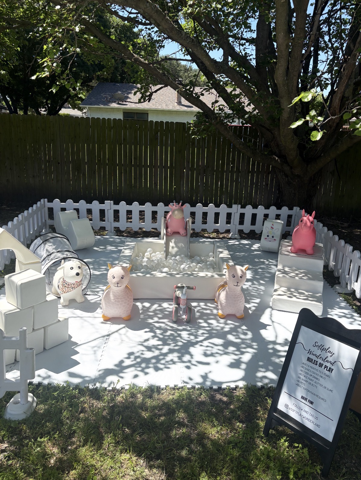 Outdoor soft play under a tree with ball pit, llamas and white picket fence
