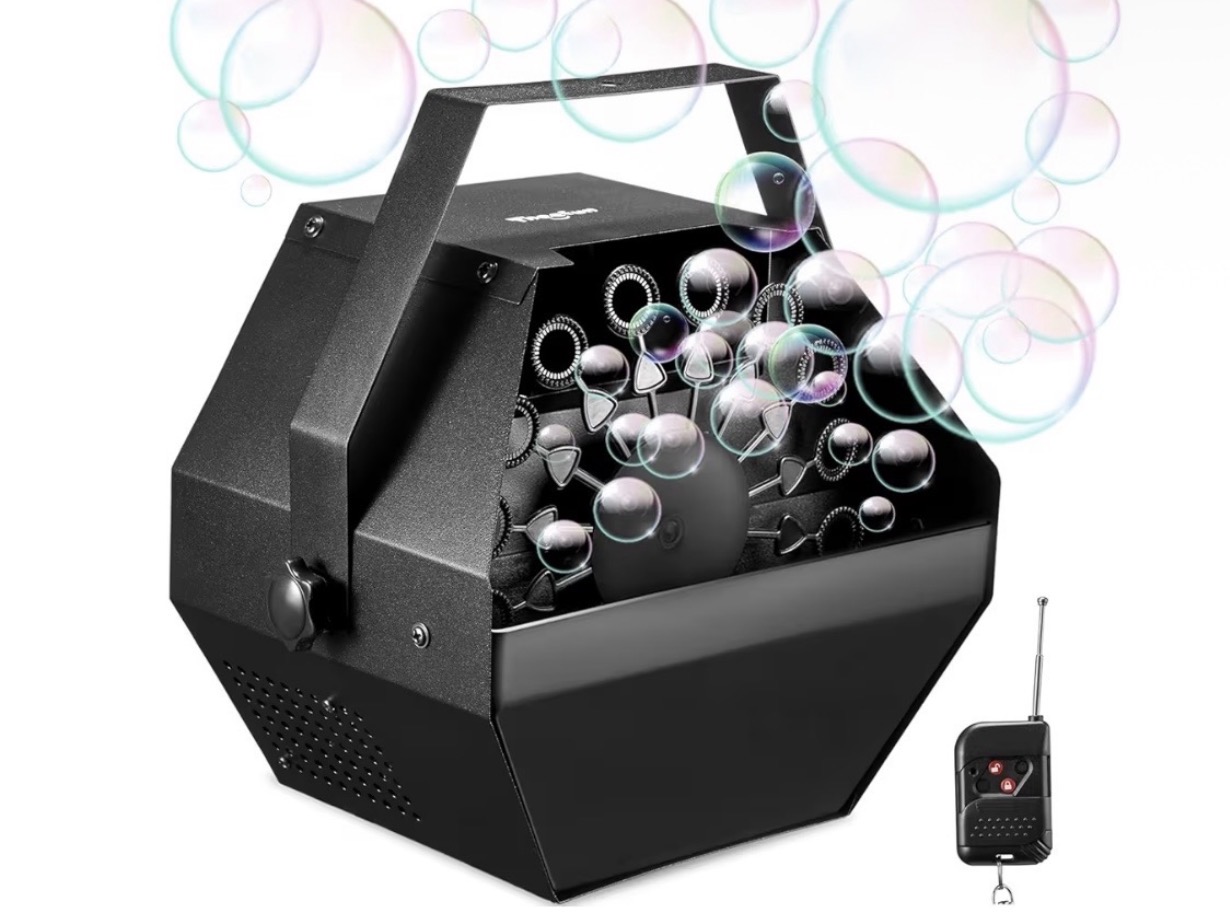 Black bubble machine with remote, blowing bubbles